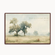 Vintage Jeremiah 17:7 Christian landscape framed canvas wall art featuring trees in a misty countryside field, handwritten scripture script, and an espresso wood frame.