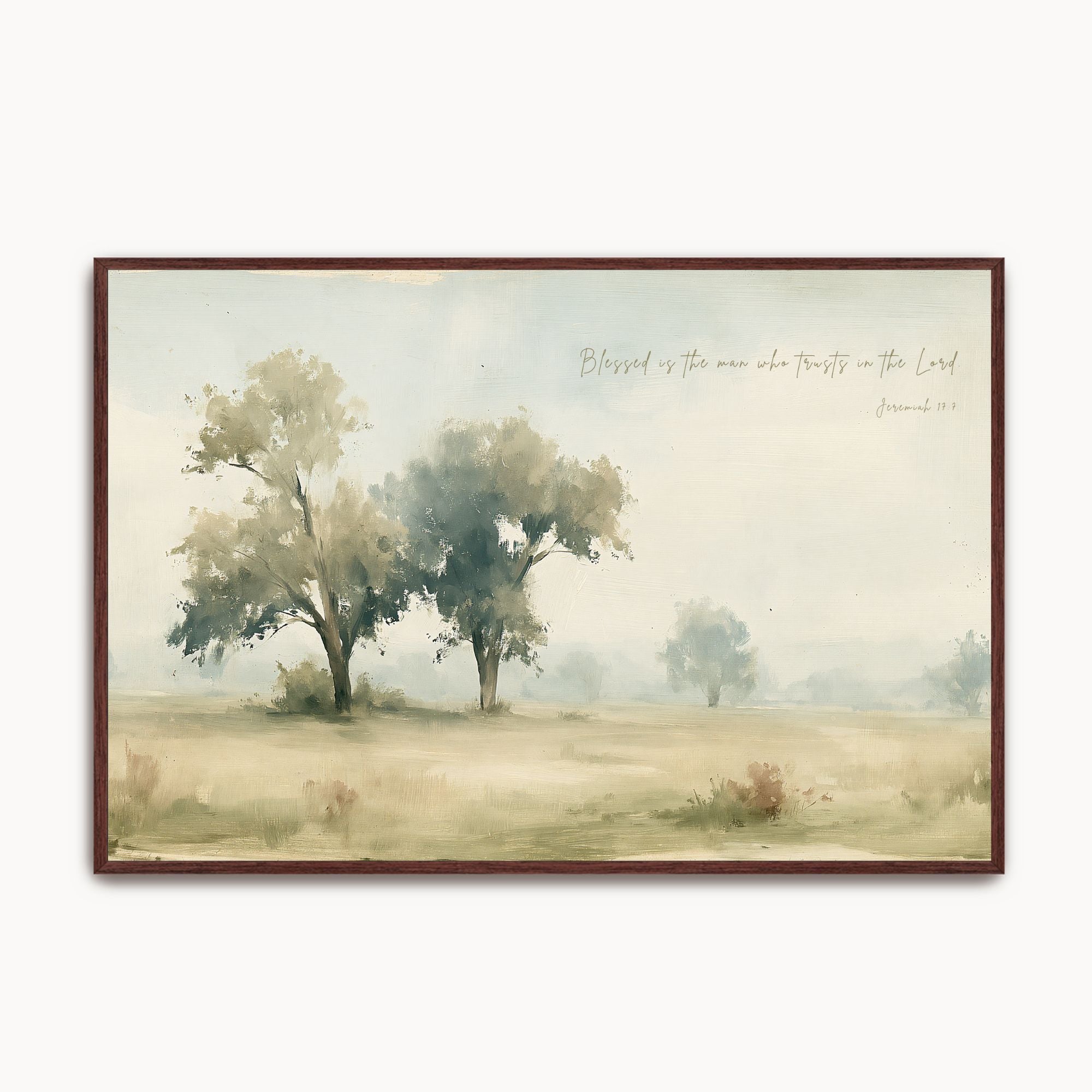 Vintage Jeremiah 17:7 Christian landscape framed canvas wall art featuring trees in a misty countryside field, handwritten scripture script, and an espresso wood frame.
