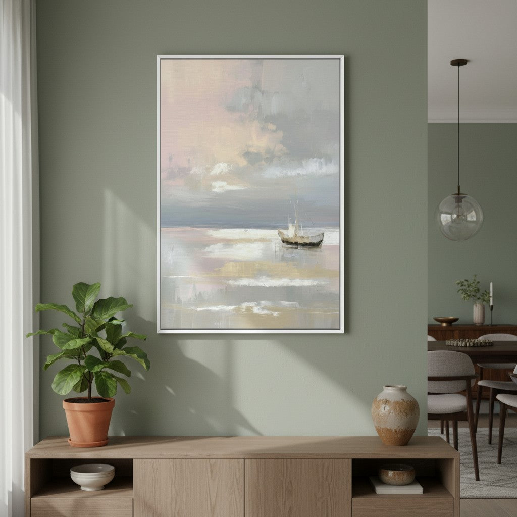 Boat on Still Waters canvas wall art styled above a wooden console table with decor.