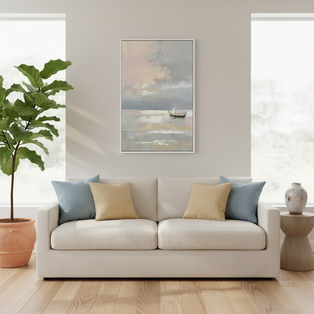 Pastel boat watercolor artwork hanging above a sofa in a cozy living room.