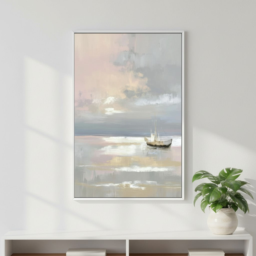 Soft watercolor painting of a boat on still waters displayed in a bright minimalist room.