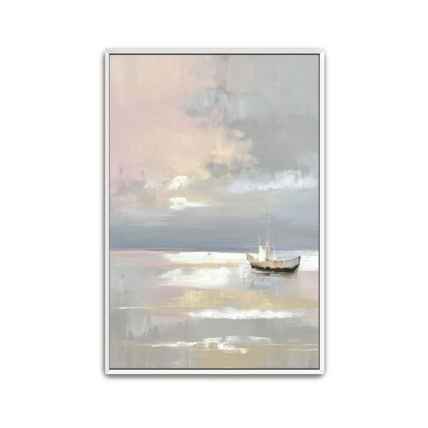 Watercolor artwork of a quiet boat resting on calm waters in soft pastel tones.