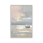 Watercolor artwork of a quiet boat resting on calm waters in soft pastel tones.