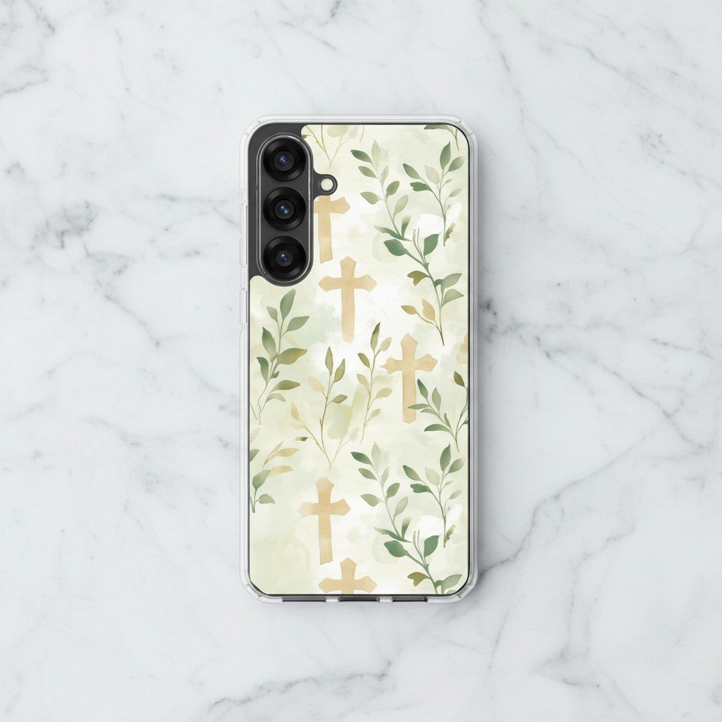 Botanical cross Samsung phone case with soft green leaves forming cross pattern on marble background minimalist Christian faith design