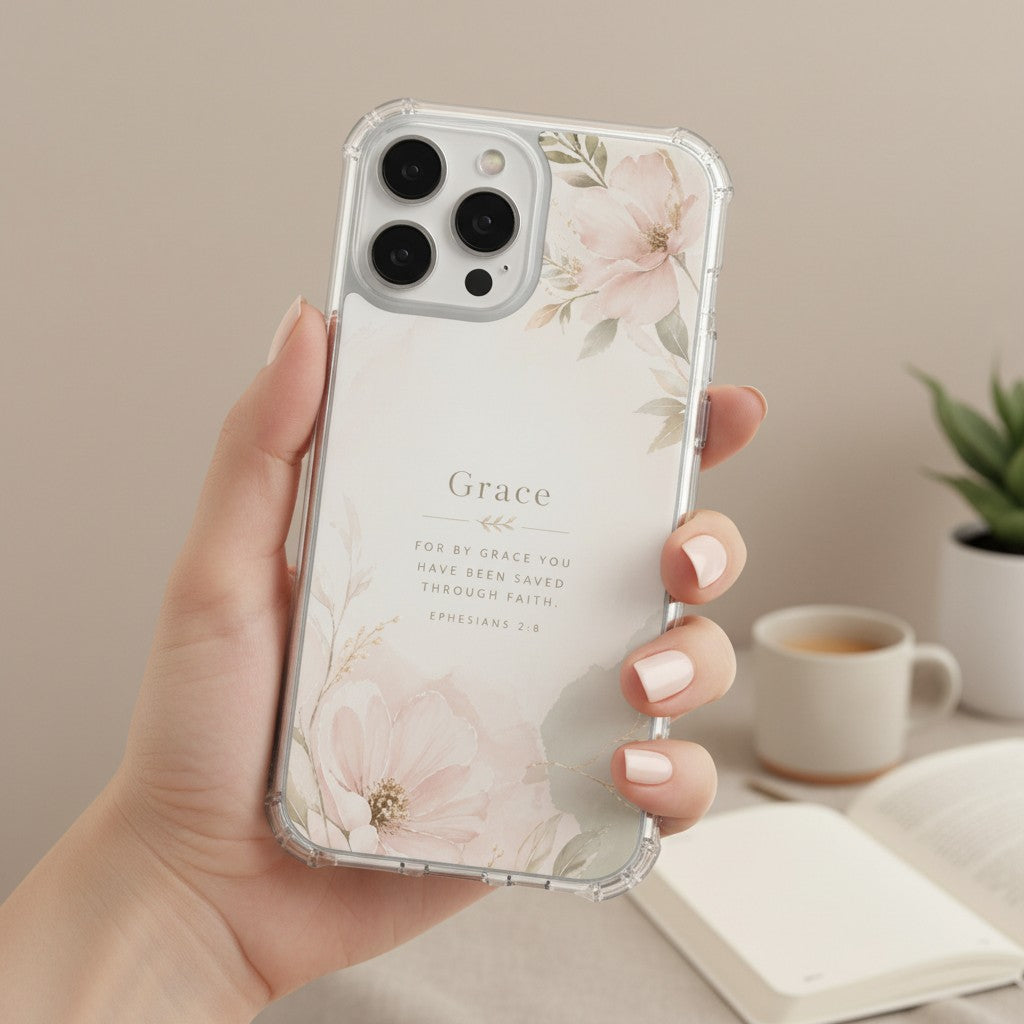 By Grace Through Faith MagSafe® clear iPhone case featuring elegant floral artwork and Ephesians 2:8 scripture, held in hand beside a coffee cup and open book in a soft neutral home setting