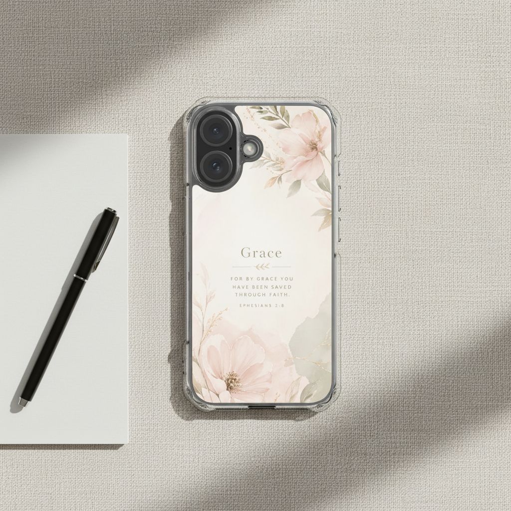By Grace Through Faith MagSafe® clear iPhone case featuring soft floral artwork and Ephesians 2:8 scripture displayed on a neutral writing desk beside a notebook and black pen in a minimalist Christian lifestyle setting