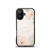 By Grace Through Faith MagSafe® clear iPhone case featuring soft neutral floral artwork and Ephesians 2:8 scripture in an elegant minimalist Christian design