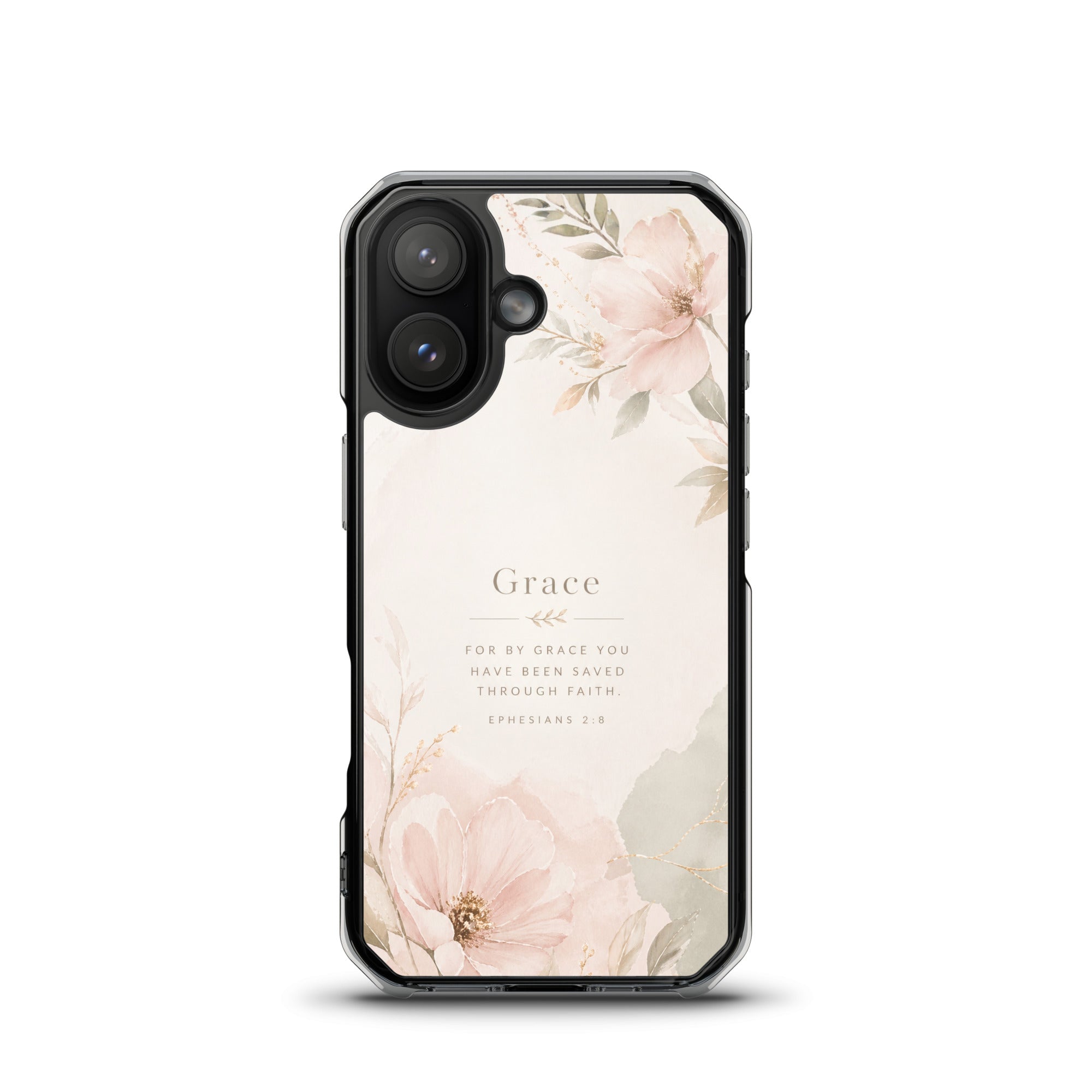 By Grace Through Faith MagSafe® clear iPhone case featuring soft neutral floral artwork and Ephesians 2:8 scripture in an elegant minimalist Christian design