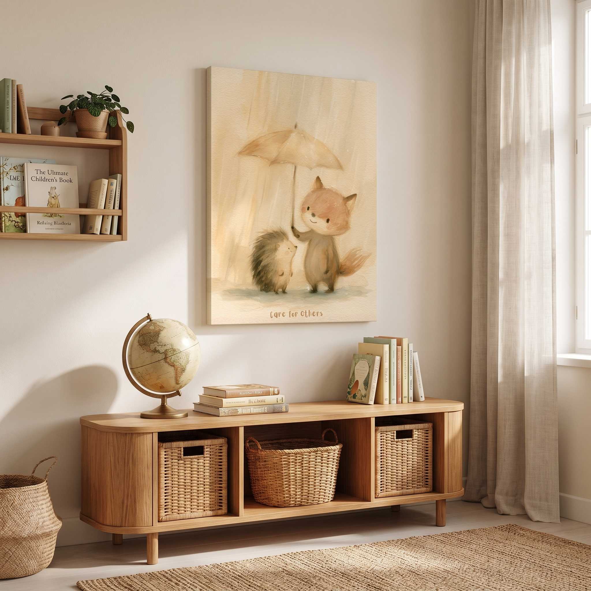 Care for Others fox and hedgehog Christian kids canvas wall art above wooden storage with woven baskets, books and a globe in a bright playroom.