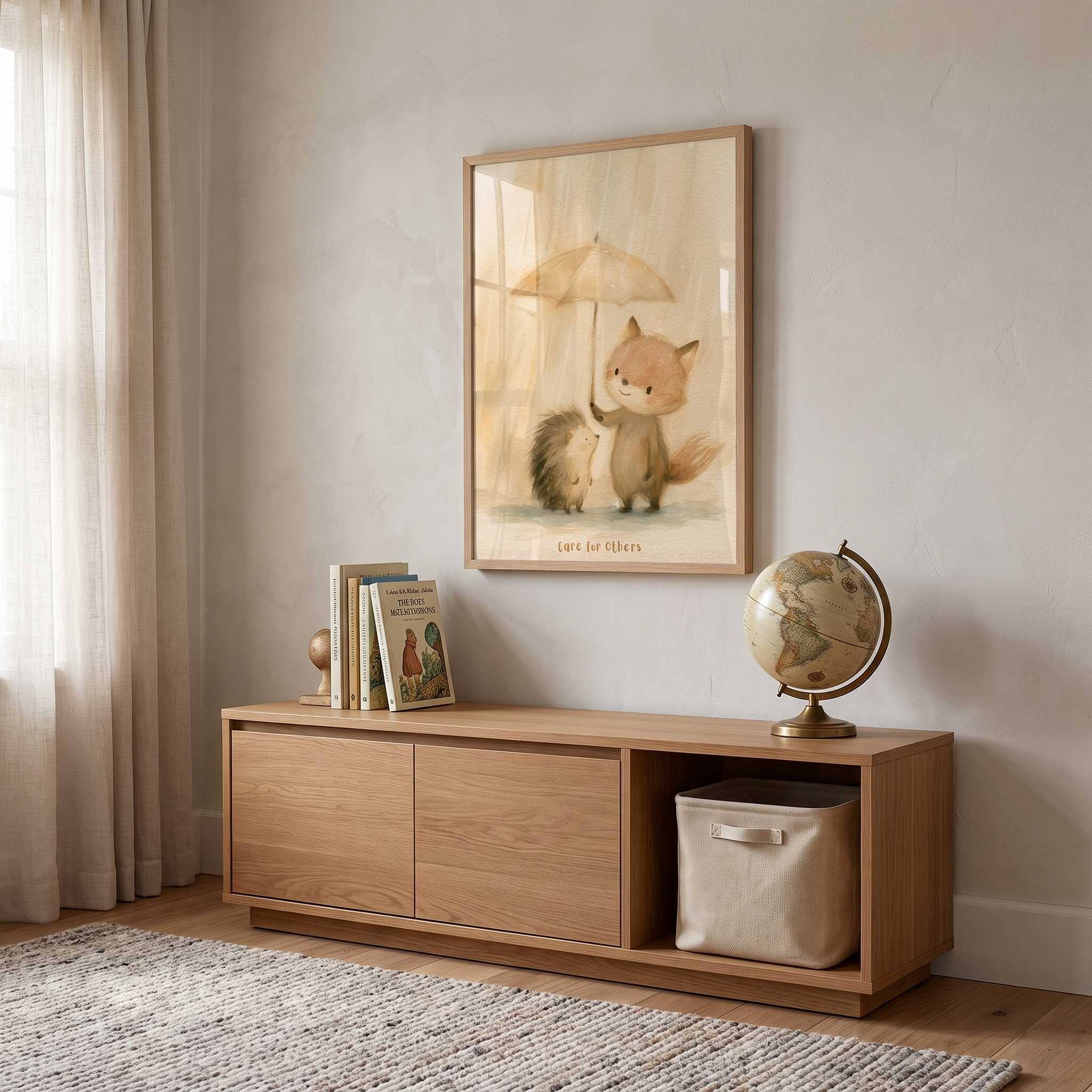Framed Care for Others fox and hedgehog Christian kids wall art above a wooden cabinet with books and a globe in a neutral children’s room.