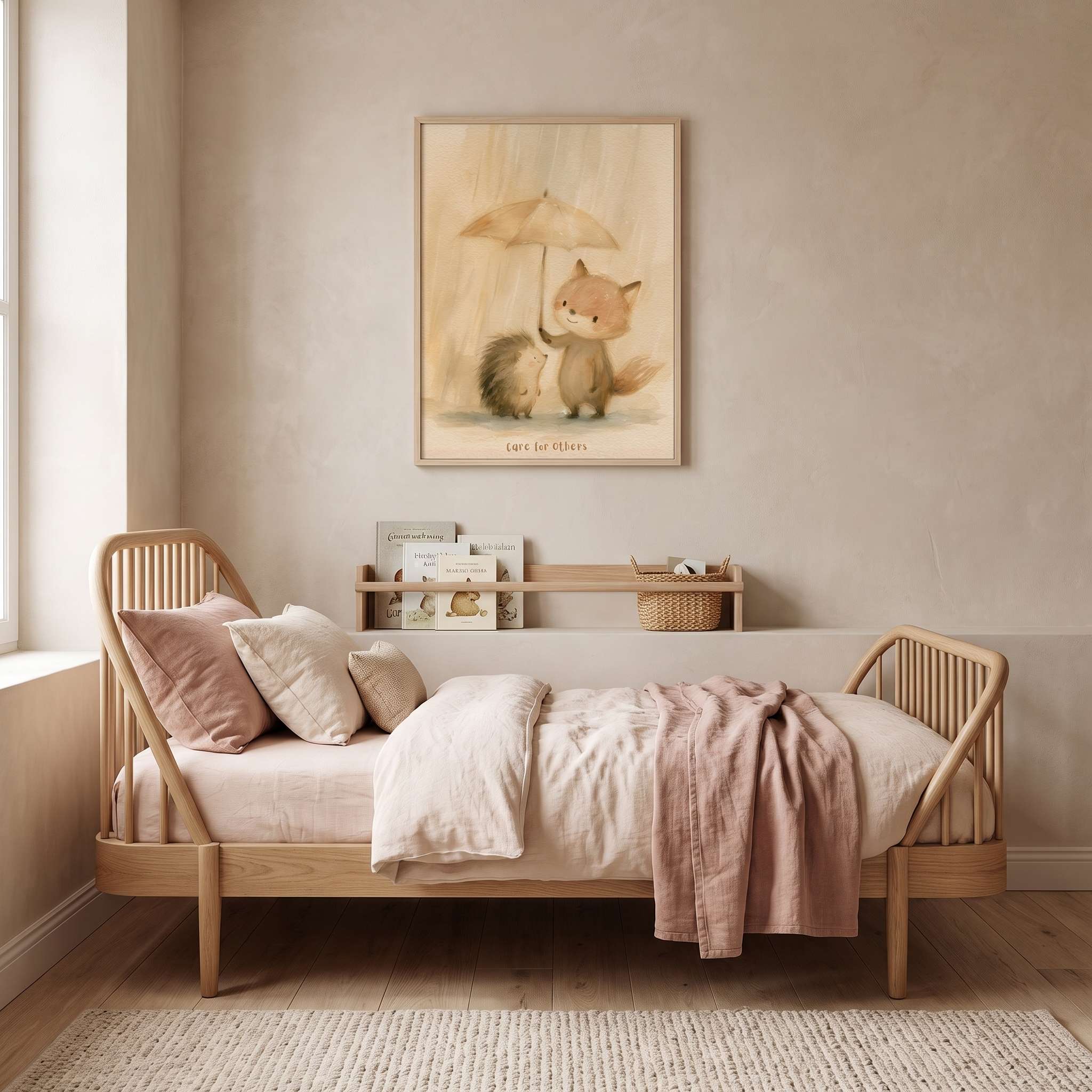Care for Others fox and hedgehog Christian kids wall art in a light wood frame above a wooden daybed with blush pink and cream bedding.