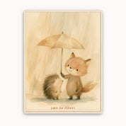 Care for Others Christian kids wall art showing a fox sheltering a hedgehog under an umbrella in the rain, in a light wood frame.