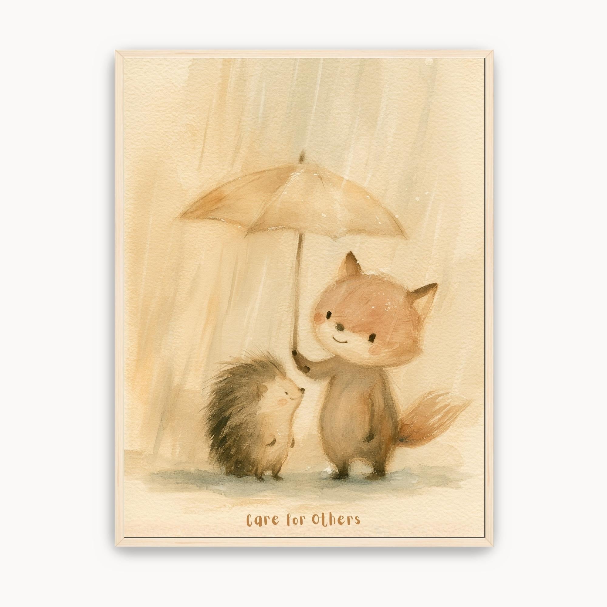 Care for Others Christian kids wall art showing a fox sheltering a hedgehog under an umbrella in the rain, in a light wood frame.