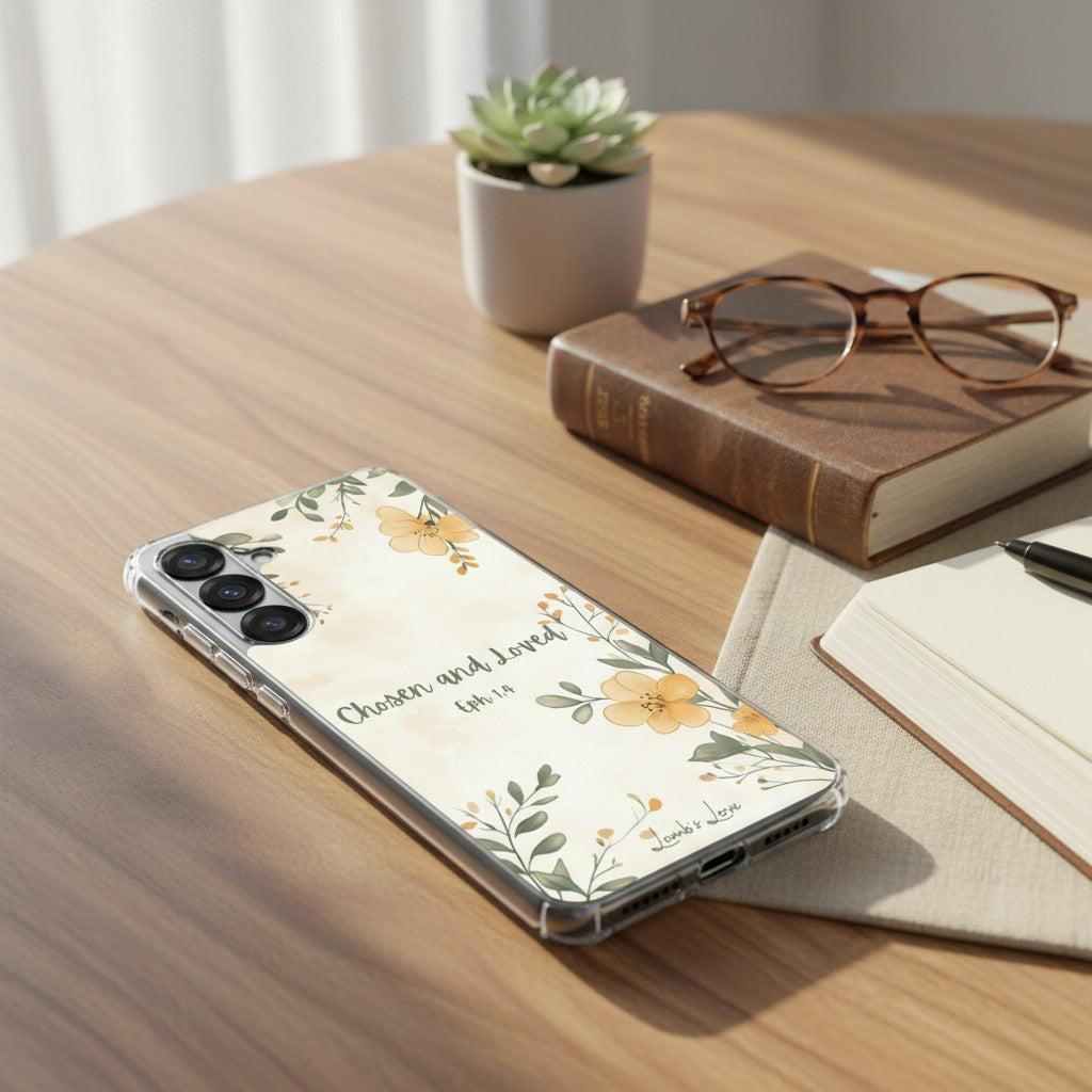 Chosen and Loved Christian Samsung phone case with yellow floral design and Ephesians 1:4 verse, resting on a wooden desk next to a leather-bound book, reading glasses, and a small succulent.
