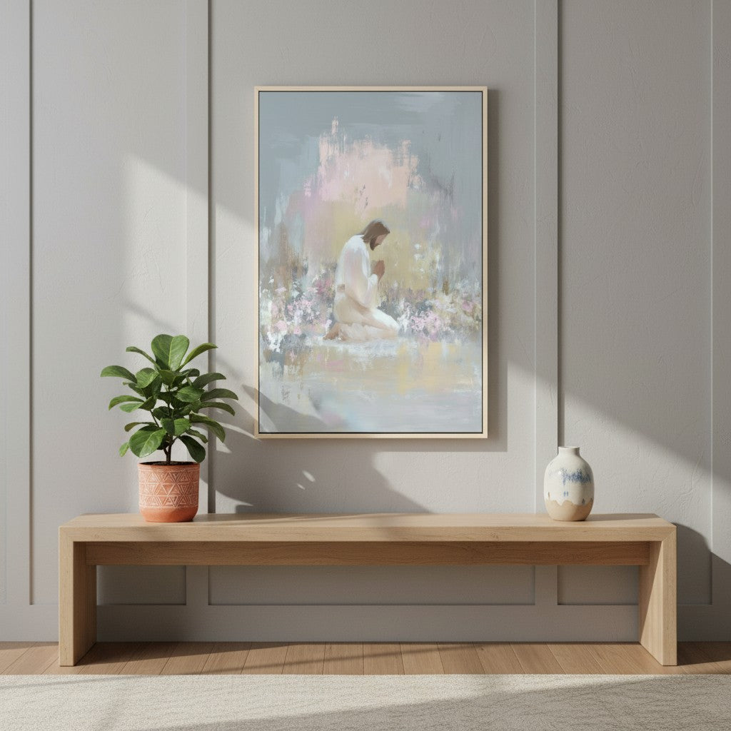 Jesus praying in the garden canvas wall art styled above a wooden console table.