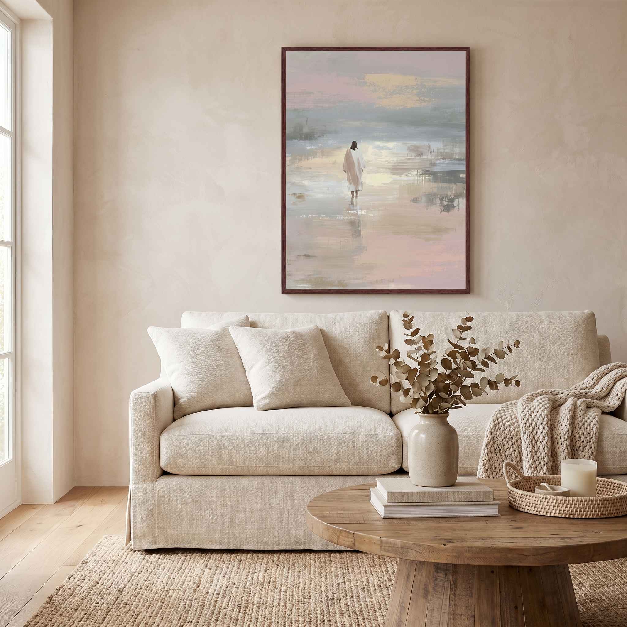 Christian minimalist Jesus walking on the water canvas wall art styled above a wooden console table.