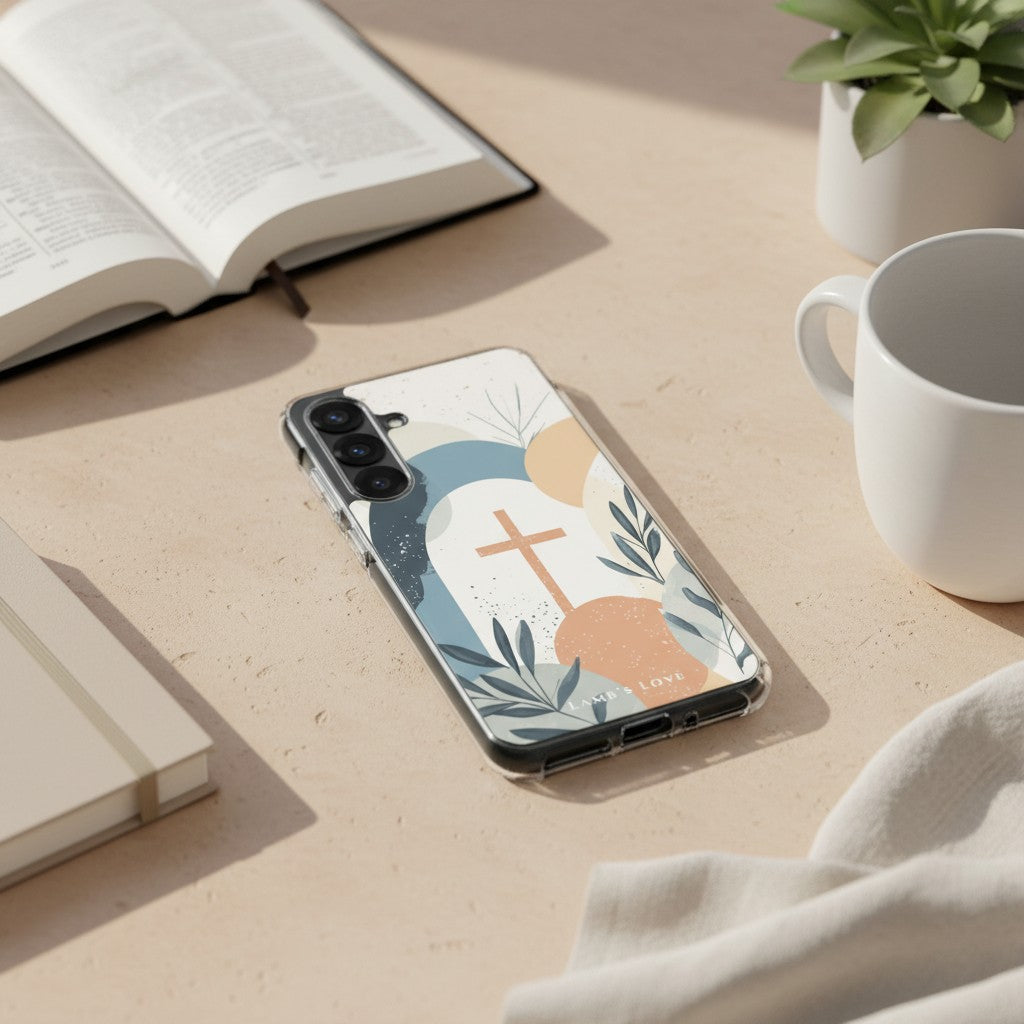 Minimalist Christian Samsung Galaxy case with a tan cross and abstract botanical design on a sandstone surface next to an open Bible, a white mug, and a succulent