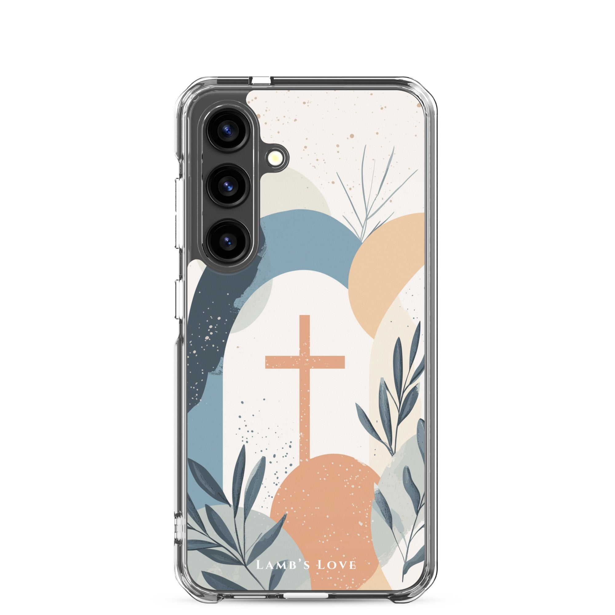 Minimalist Christian Samsung Galaxy case featuring a central tan cross over an abstract landscape of blue, beige, and orange shapes with delicate botanical leaf accents on a white background