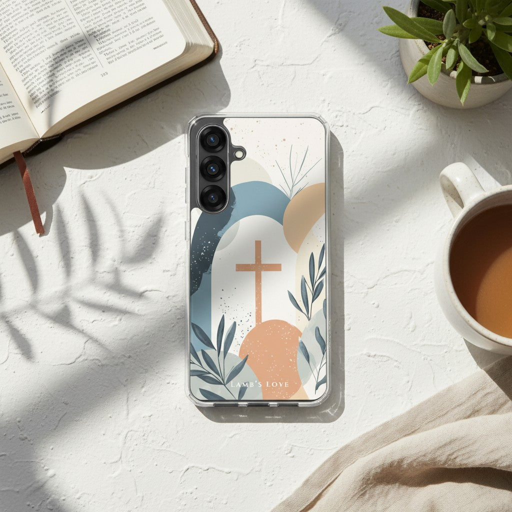 Minimalist Christian Samsung Galaxy case with a tan cross and abstract botanical design on a white textured surface with sun-drenched shadows, a coffee mug, and an open book