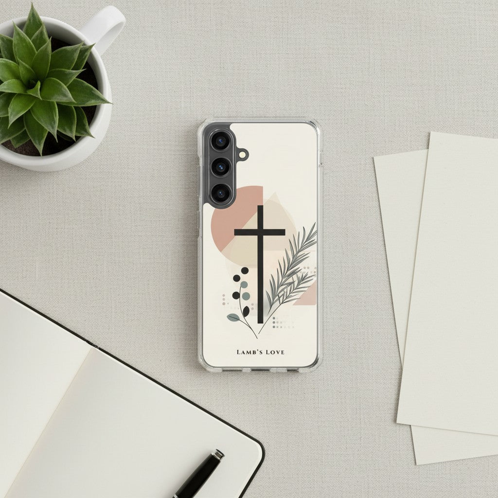 Minimalist Christian Samsung Galaxy case with a black cross and botanical design on a light gray flat lay surface with a succulent and notebooks