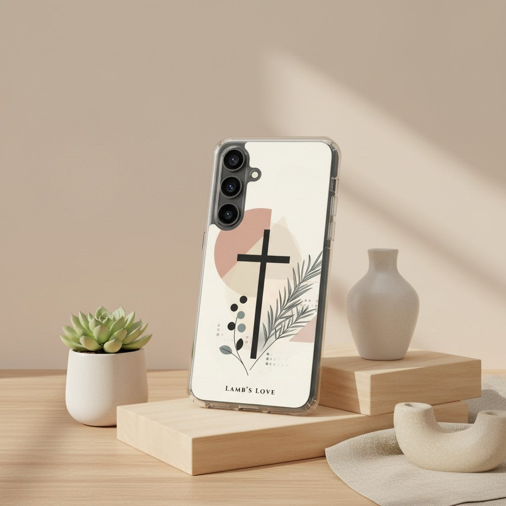 Christian Cross and Botanical Samsung Galaxy Case on a minimalist wooden studio display with a succulent.