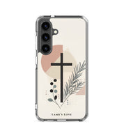 Minimalist Christian Samsung Galaxy phone case with a black cross and botanical floral design on a clean white background.