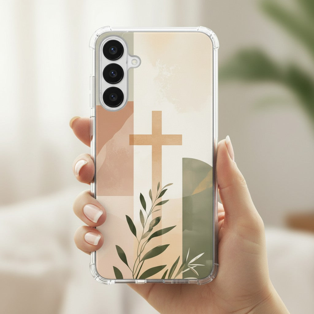 Christian cross Samsung phone case with minimalist beige botanical design held in hand in soft natural light symbolizing faith in Jesus Christ