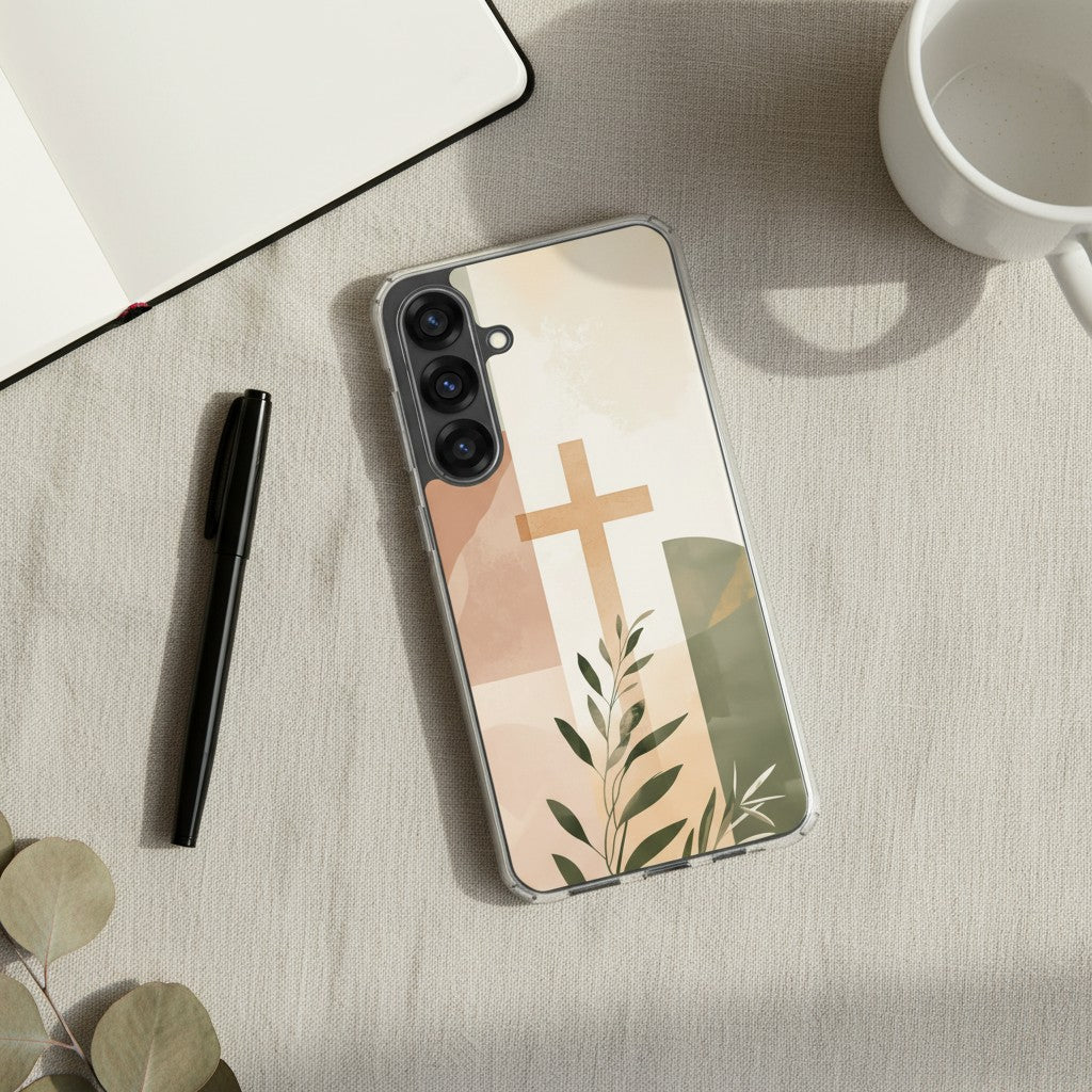 Christian cross Samsung phone case with minimalist beige botanical design on desk with pen notebook and coffee mug in soft natural light symbolizing faith in Jesus Christ