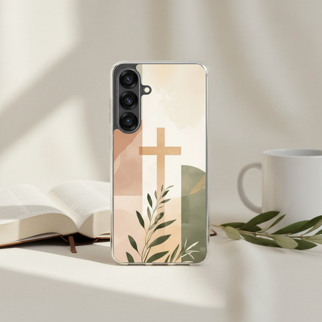 Christian cross Samsung phone case with minimalist beige botanical design on table with Bible and coffee mug in soft natural light symbolizing faith in Jesus Christ