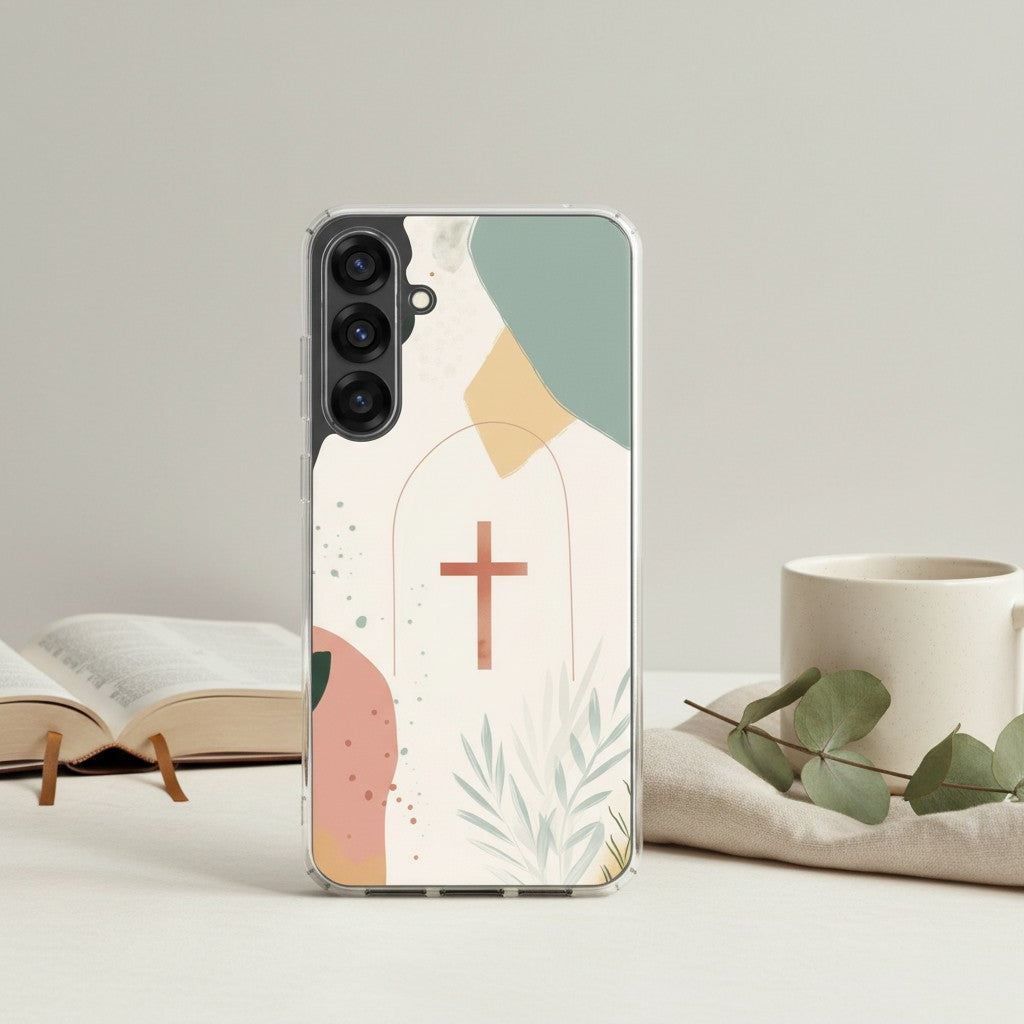 Christian cross Samsung phone case with minimalist beige botanical design displayed on neutral studio background with Bible and coffee symbolizing faith in Jesus Christ