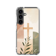 Christian cross Samsung Galaxy S24 clear phone case with minimalist beige botanical design symbolizing Jesus faith hope and renewal