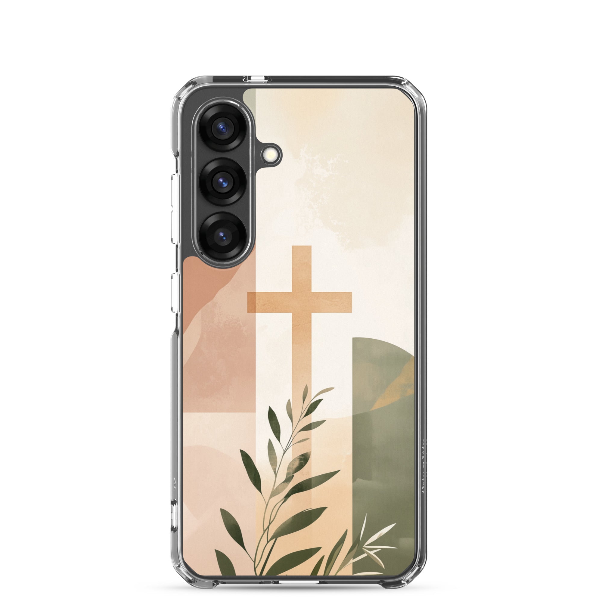 Christian cross Samsung Galaxy S25 clear phone case with minimalist beige botanical design symbolizing Jesus faith hope and renewal