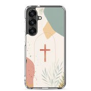 Christian cross Samsung Galaxy S25 Plus clear phone case with minimalist beige botanical design symbolizing faith in Jesus Christ
