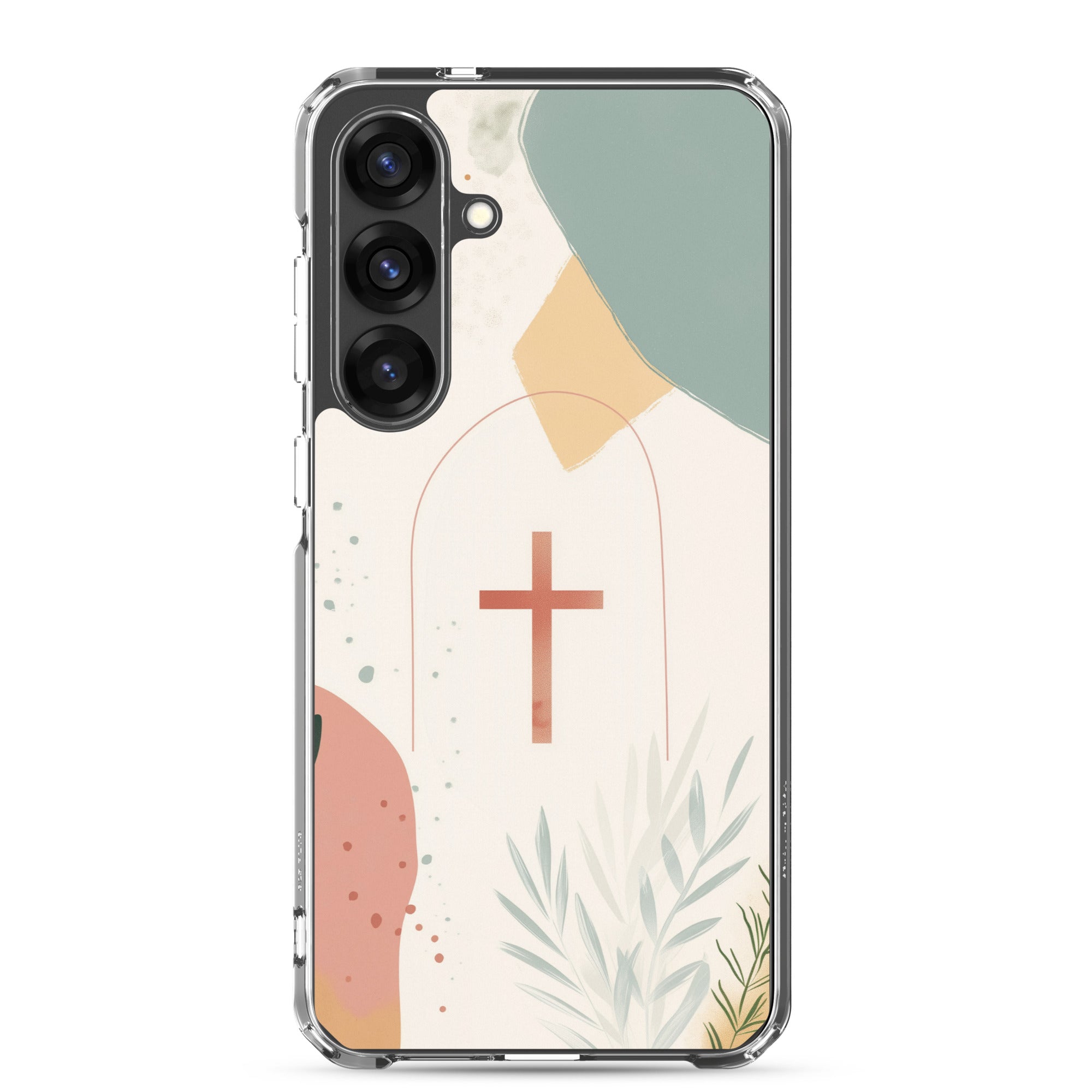 Christian cross Samsung Galaxy S25 Plus clear phone case with minimalist beige botanical design symbolizing faith in Jesus Christ
