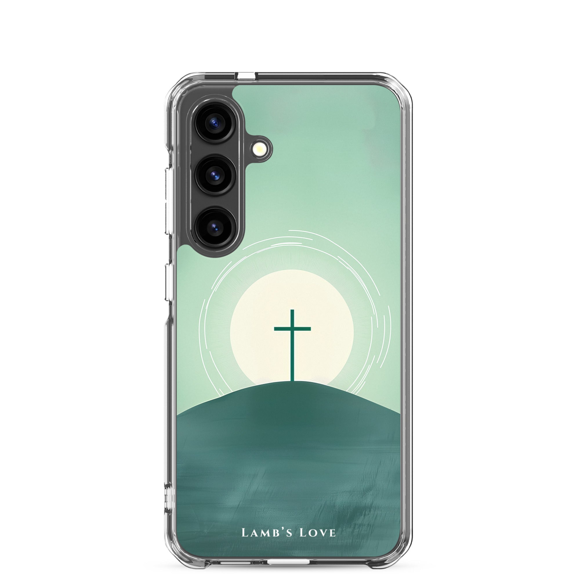 Minimalist Christian Samsung Galaxy case featuring a black cross on a hill against a green and white sunrise landscape background