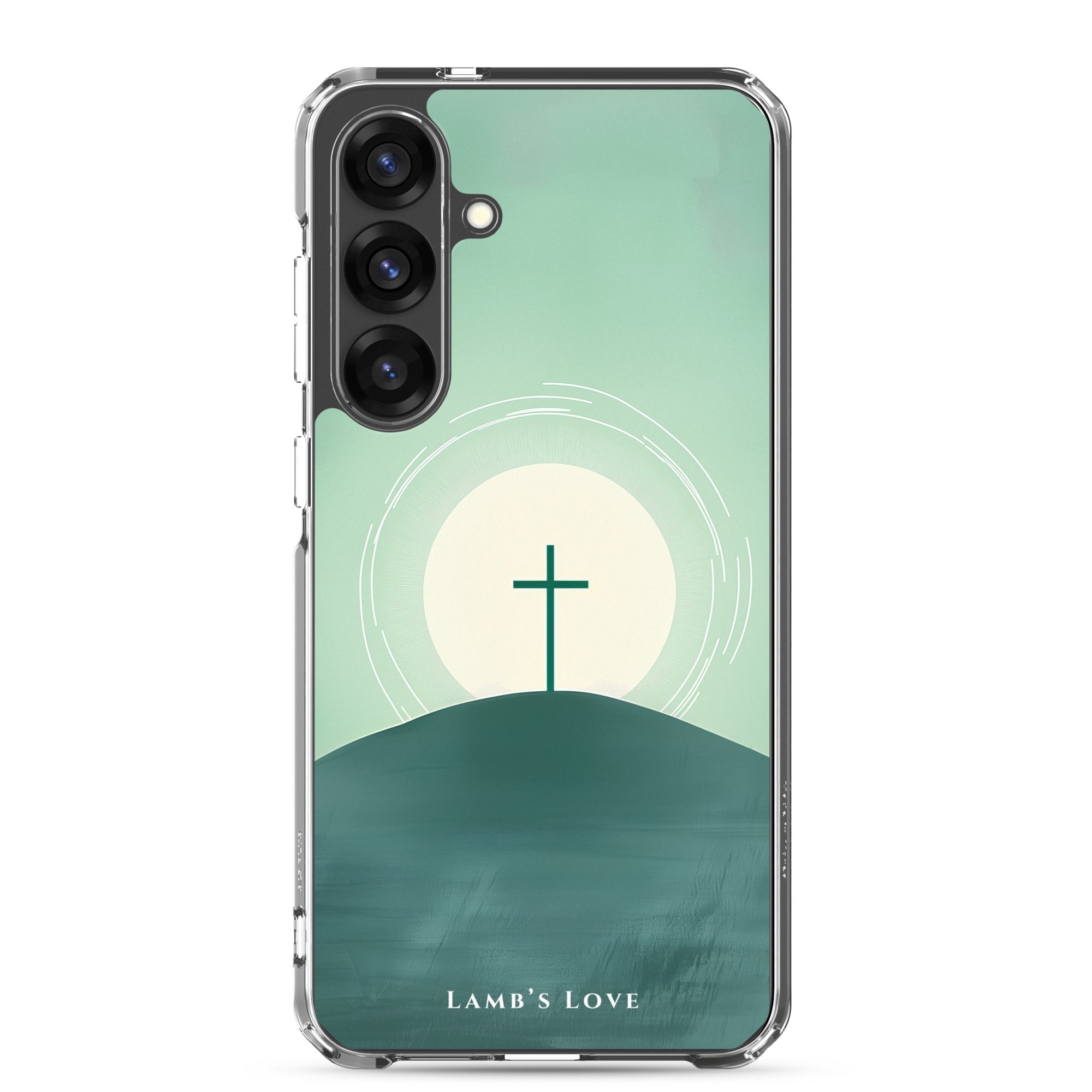 Minimalist Christian Samsung Galaxy s25 case featuring a black cross on a hill against a green and white sunrise landscape background