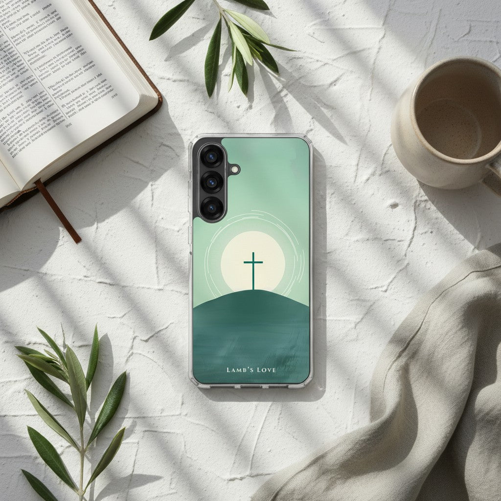 Minimalist Christian Samsung Galaxy case with a cross and sunrise design on a textured white surface with sun-drenched shadows, a ceramic mug, and an open book