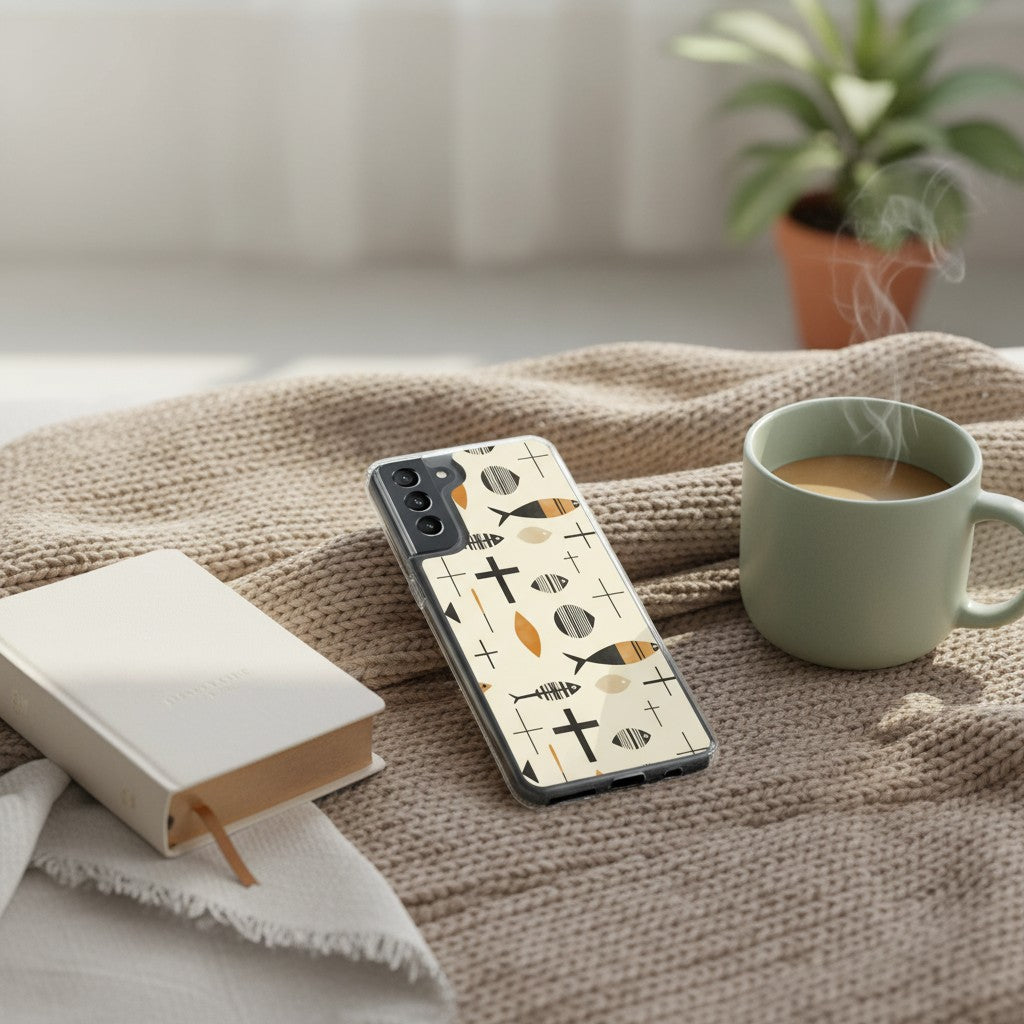Christian Ichthys Fish and Cross Pattern Samsung Galaxy Phone Case in a cozy morning lifestyle setting.