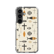 Christian Samsung Galaxy phone case with fish (Ichthys) and cross pattern in neutral beige and black minimalist faith design
