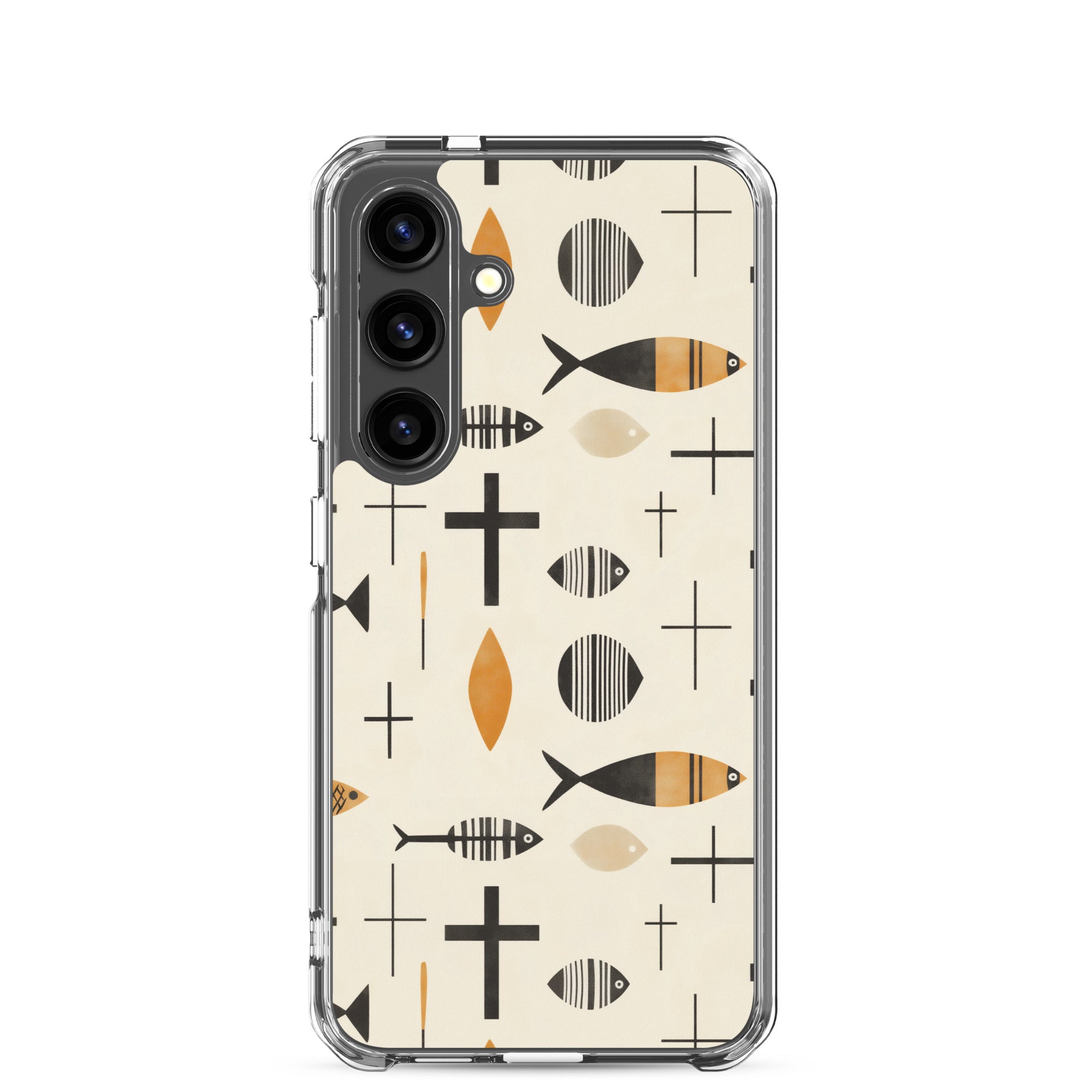 Christian Samsung Galaxy phone case with fish (Ichthys) and cross pattern in neutral beige and black minimalist faith design