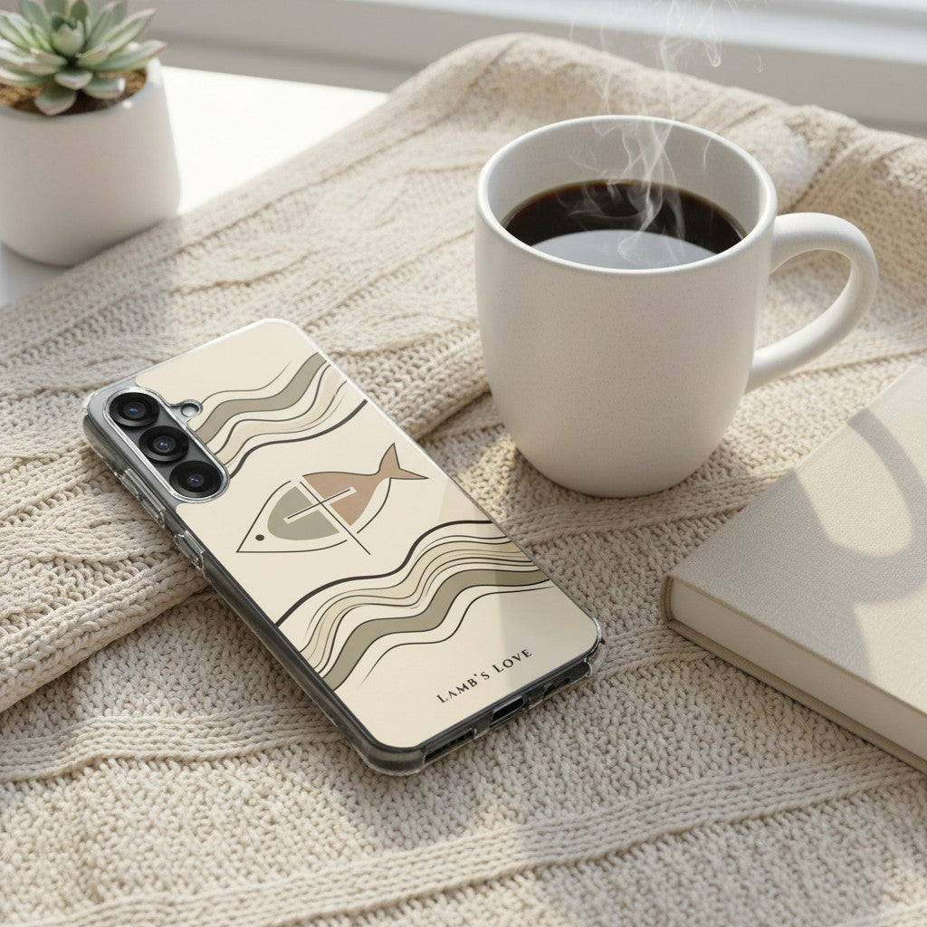 Christian fish Ichthys cross Samsung phone case on cozy textured fabric with coffee mug and Bible devotional setting minimalist beige faith design symbolizing Jesus Christ