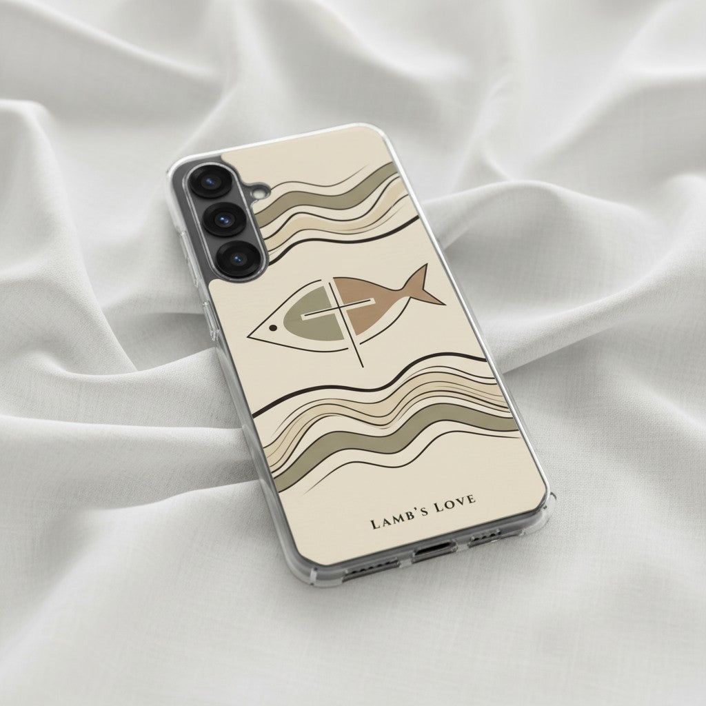 Christian fish Ichthys cross Samsung phone case with minimalist wave pattern on beige background symbolizing faith in Jesus Christ