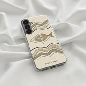 Christian fish Ichthys cross Samsung phone case with minimalist wave pattern on beige background symbolizing faith in Jesus Christ