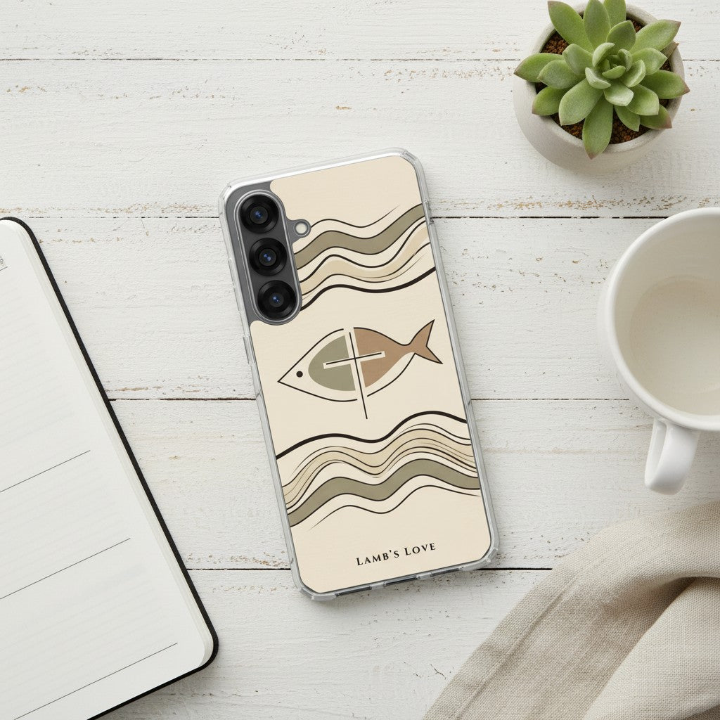 Christian fish Ichthys cross Samsung phone case on white wooden table with notebook coffee and plant minimalist beige faith design symbolizing Jesus Christ