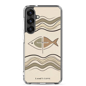 Christian fish Ichthys cross Samsung Galaxy S25 Plus clear phone case with minimalist beige wave design symbolizing faith in Jesus Christ