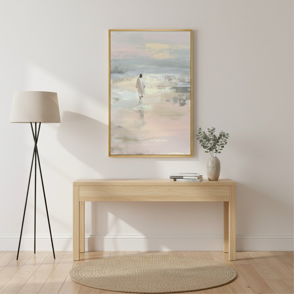 Watercolor painting of Jesus walking on the water displayed in a bright minimal room.