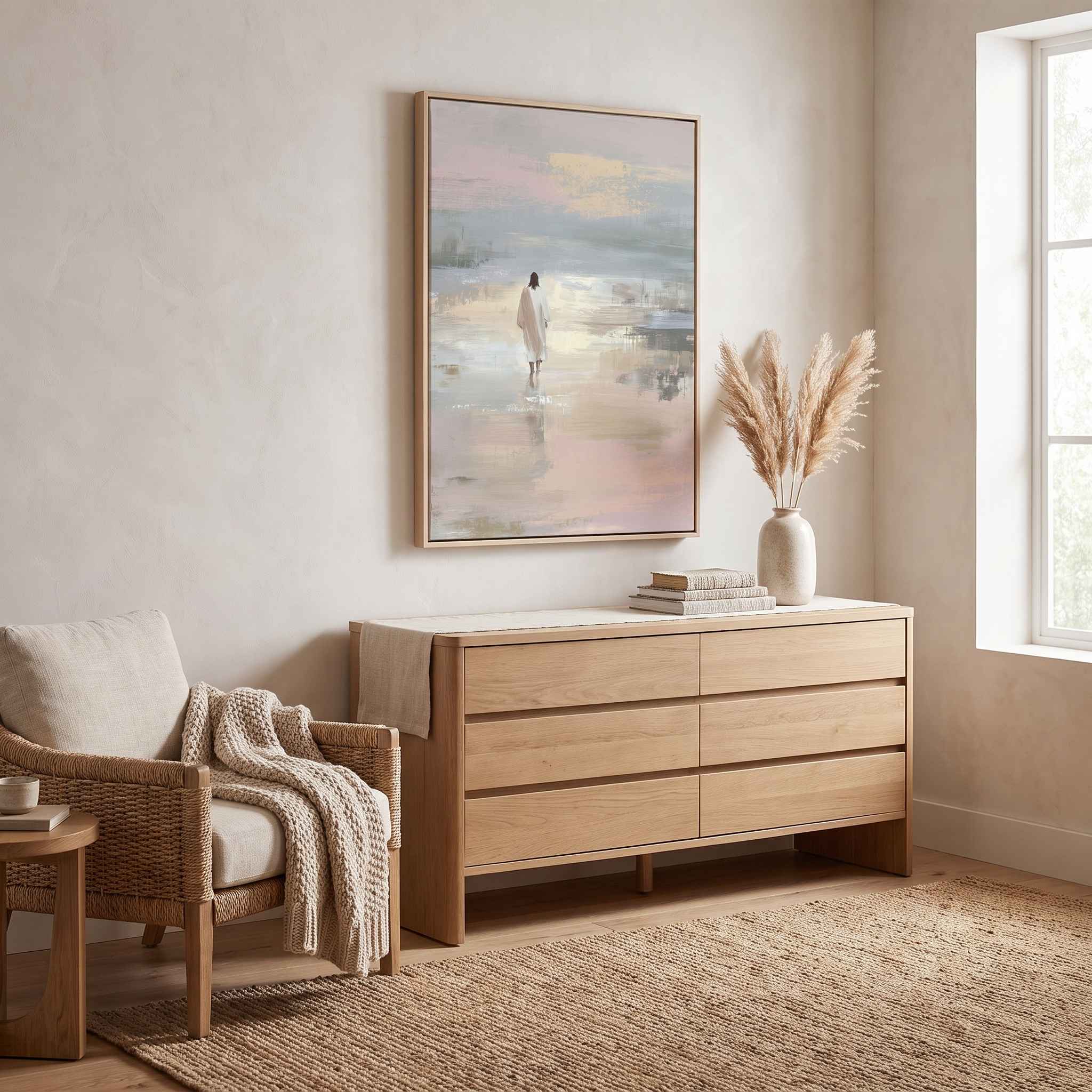 Christian Minimalist painting of Jesus walking on the water displayed in a bright minimal room.