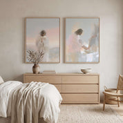 Framed canvas diptych of Jesus the Good Shepherd holding a rescued lamb, styled above a light wood dresser in a neutral, modern Christian bedroom.