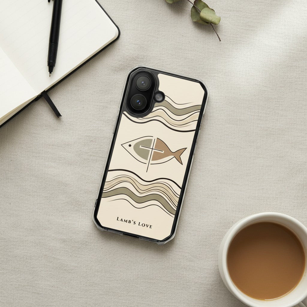 Christian Ichthys fish and cross MagSafe iPhone case on desk with coffee and notebook minimalist faith design