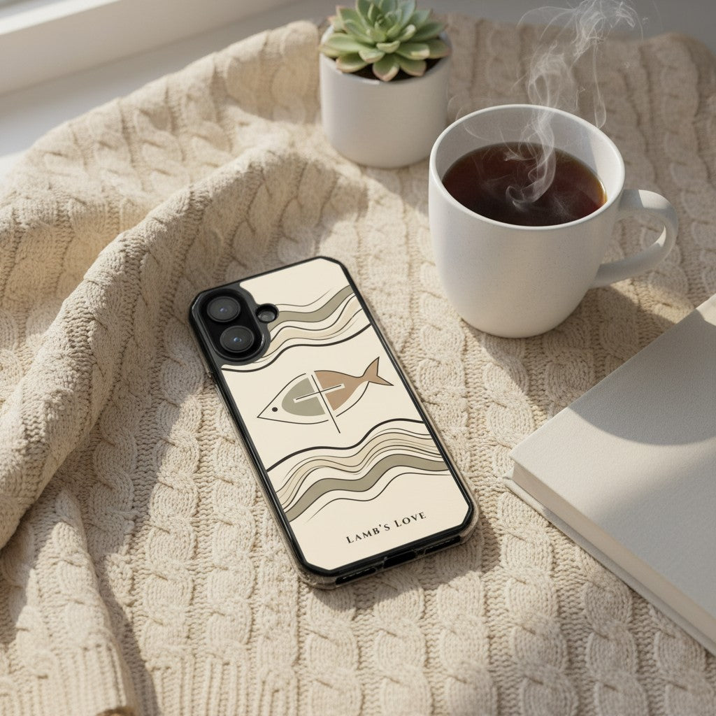 Christian Ichthys fish MagSafe iPhone case with faith symbol design on a cozy devotional morning setup with coffee and plant
